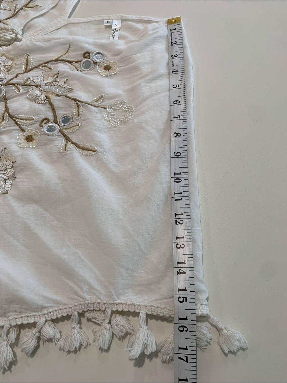 Buby.S Boho White Cotton Maxi Peasant Dress, Embroidered Tiered Mirrors Tassel S - Picture 9 of 10